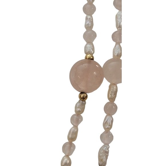 14K Yellow Gold Rose Quart, Rice Pearl Double Strand Necklace, 17" Long K794 - Picture 4 of 8